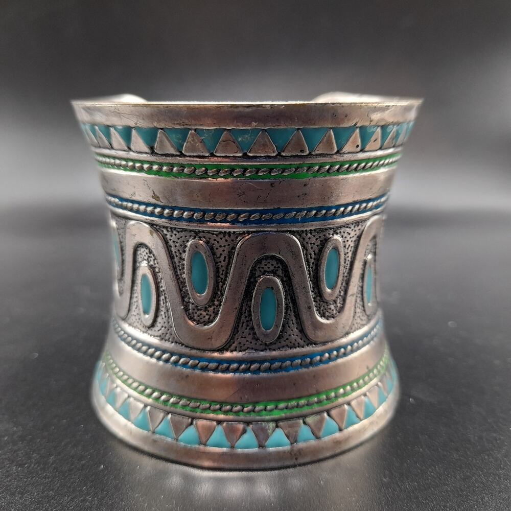 Vintage Turquoise Enamel Curved Cuff Bracelet, 2 1/2 In Wide, Silver Tone